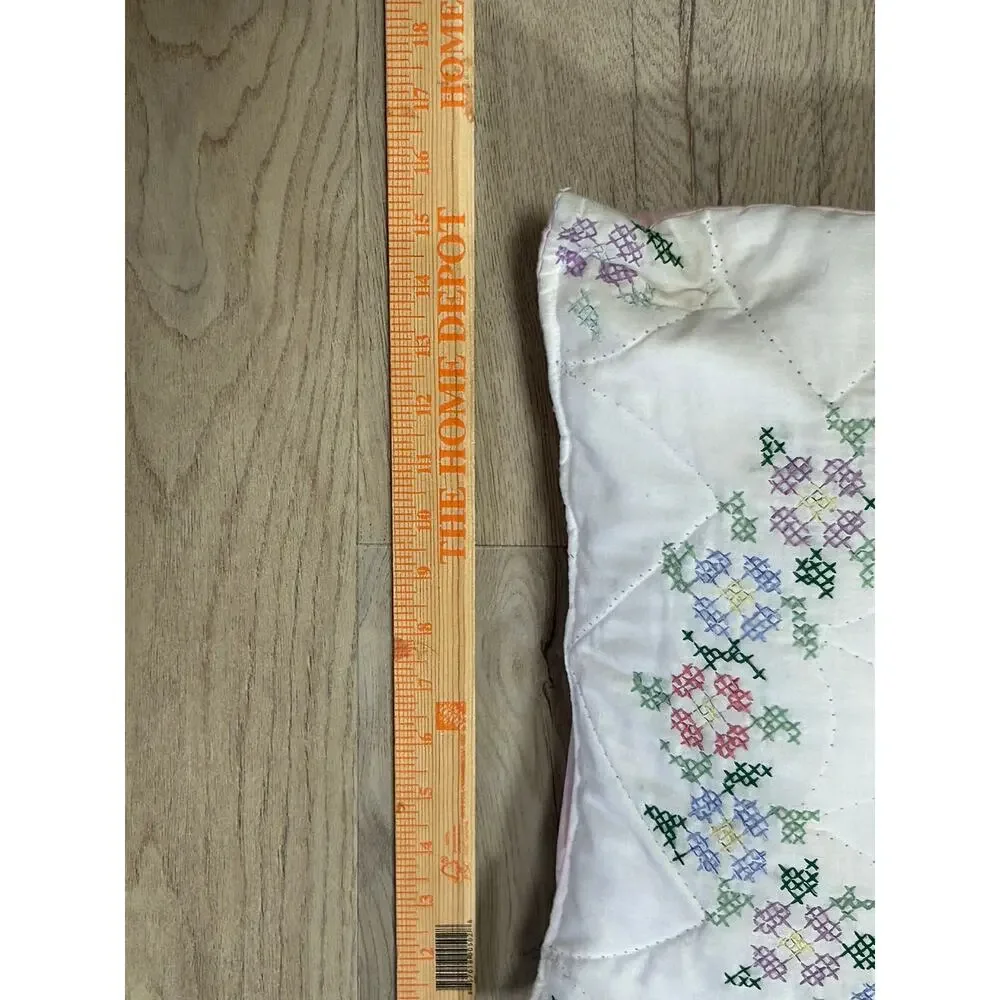 Handmade Cross Stitch Floral Quilted Throw Pillow 16x16 Cottagecore VTG Style